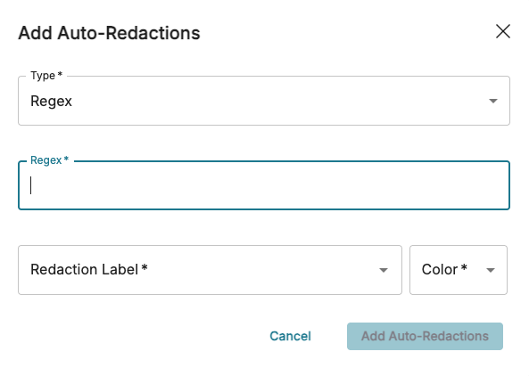 Form for adding auto-redactions with fields for type, regex, label, and color.
